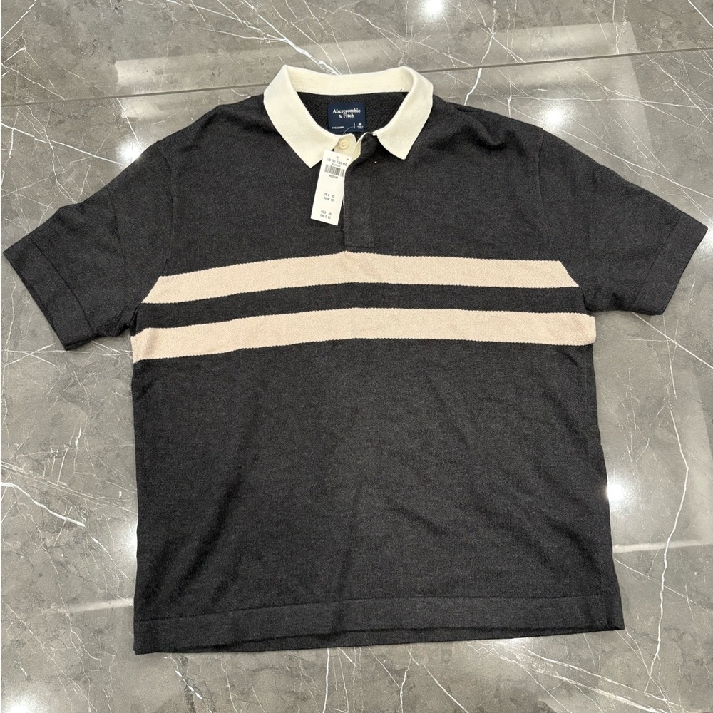 NWT Abercrombie And Fitch Chest Stripe Oversized Knitted Rugby Polo Black Medium